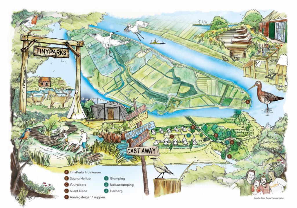 Bird's-eye view of Tiengemeten island as part of the map for Cast Away, part of the Tinyparks concept. The map is created with hand-drawn lines and colored with watercolor pencils. 